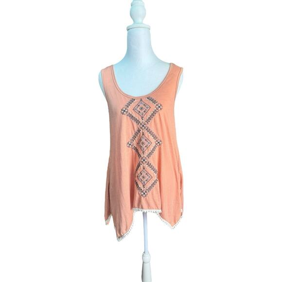 Boho Peach Aztec Embroidered Tank Sz S Handkerchief Hem Festival Asymmetrical - Picture 1 of 9